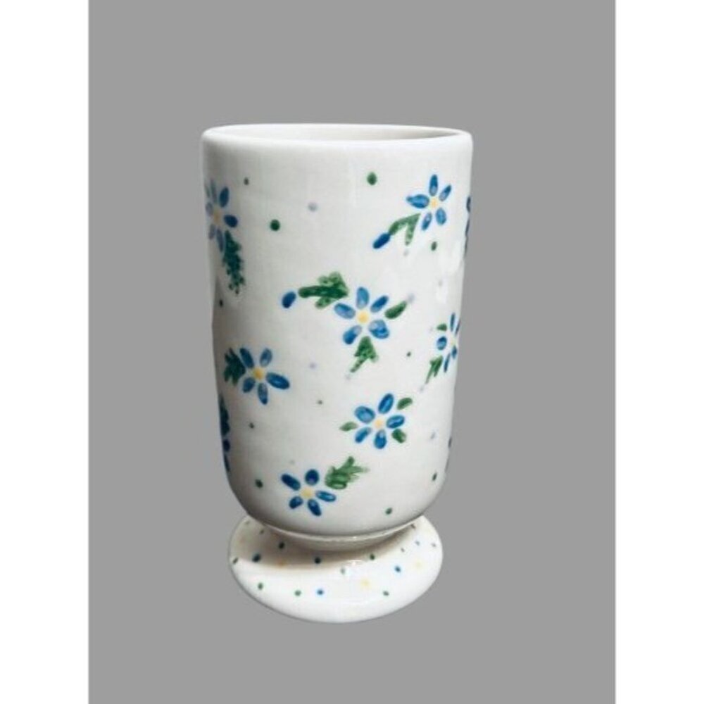 Vintage French Porcelain Mazagran cup vase blue florals marked 5"